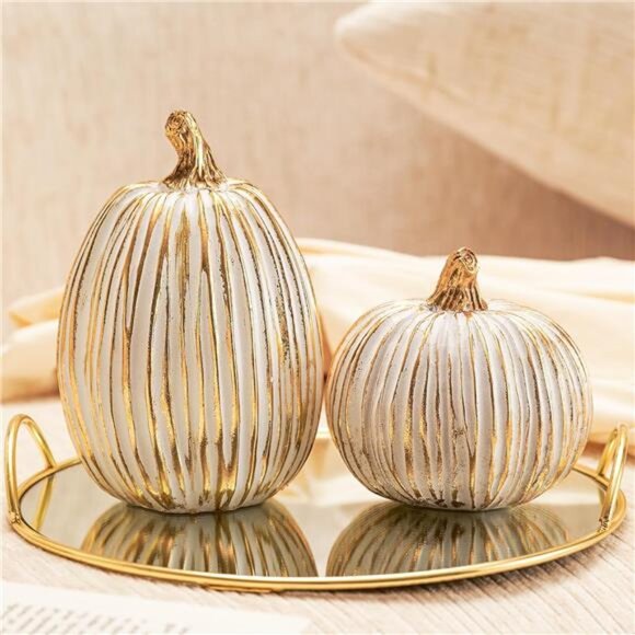 Other - Set of 2 White and Gold Fall Pumpkins Artificial Resin Pumpkins Figurines